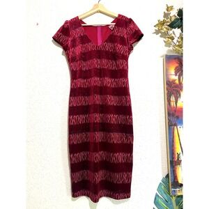 Vtg Route Red Velvet y2k goth Glitter Abstract Zebra Stripe Midi Sheath Dress L